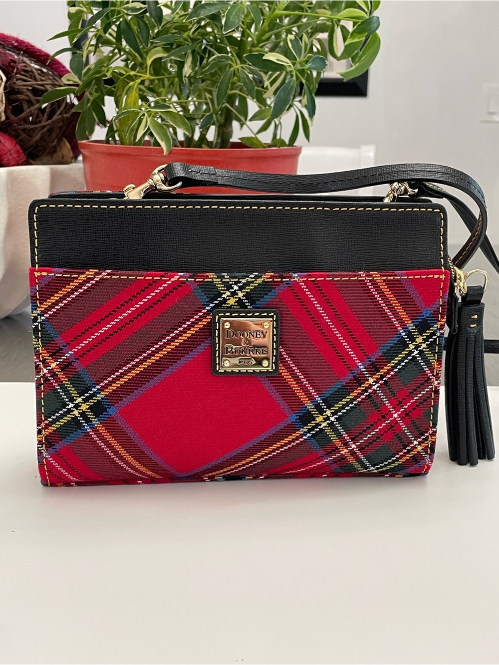 Dooney & Bourke Red Plaid Crossbody with Black Trim and Gold Logo